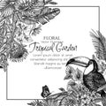 Vector border of a toucan bird in a tropical garden in an engraving style Royalty Free Stock Photo